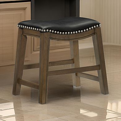 Miel 20 Inch Dining Stool, Black Faux Leather And Brown Solid Wood