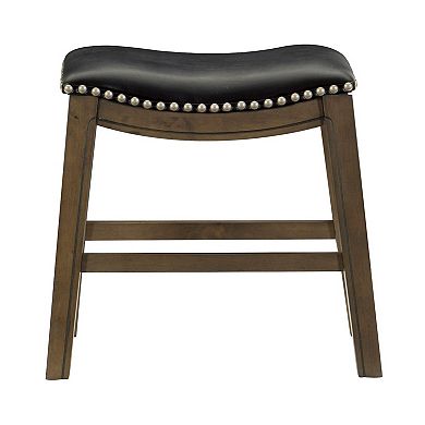 Miel 20 Inch Dining Stool, Black Faux Leather And Brown Solid Wood