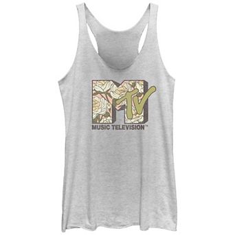 Juniors' MTV White Peonies Print Logo Racerback Tank Top