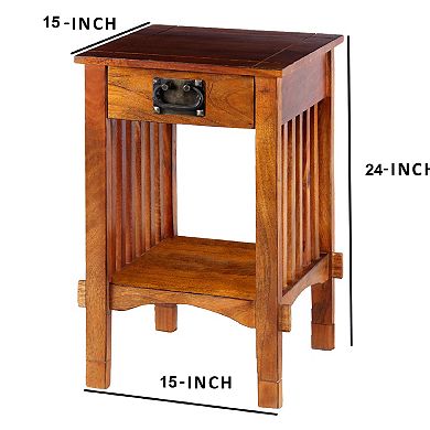 Spacious Mango Wood Telephone Stand with Slatted Side Panels, Brown