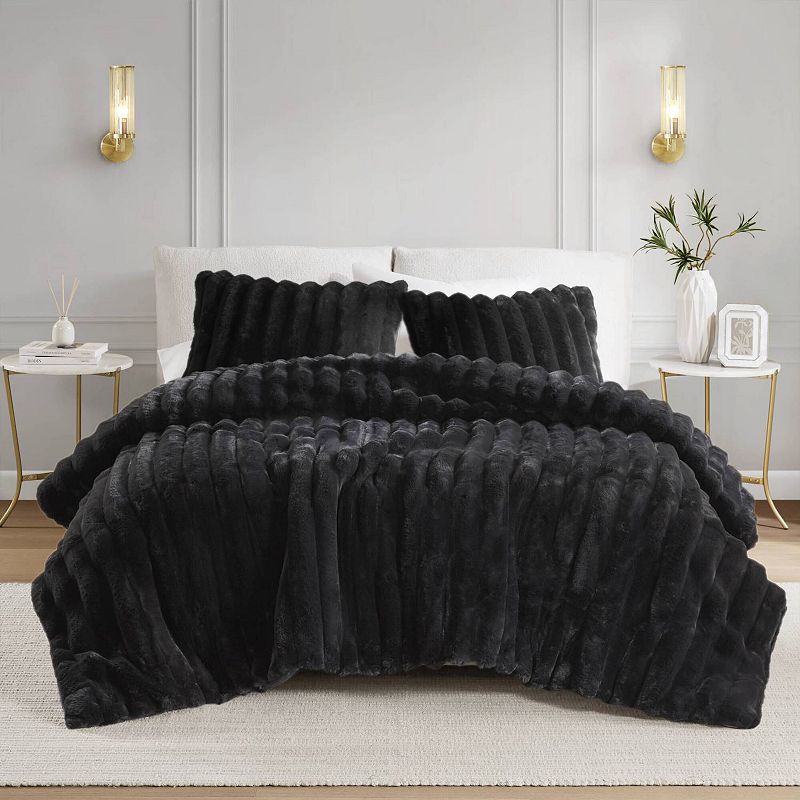 Madison Park 3pc King Dahlia Faux Fur Comforter Set Black