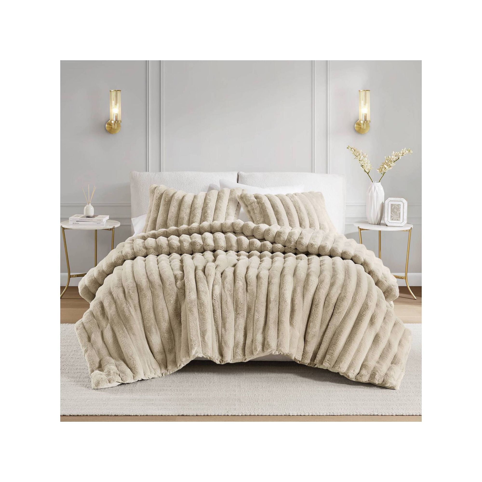 Madison Park Jasmine 3pc Ultrasoft Faux Fur Ribbed Midweight Comforter Set,