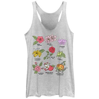Disney's Princess Ariel, Mulan, Jasmine, Rapunzel, Belle, Tiana, Aurora, Snow White & Cinderella Flowers Juniors' Racerback Tank Top