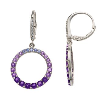 LeRose by Lexi and Rose Sterling Silver Amethyst Tanzanite & Lab-Created White Sapphire Hoop Drop Earrings