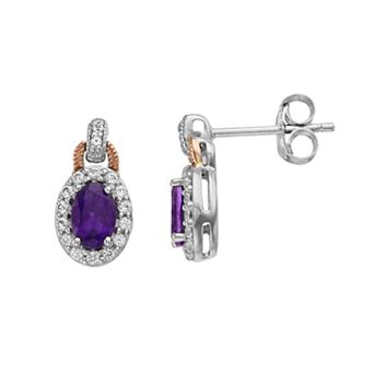 LeRose by Lexi and Rose 10k Rose Gold & Sterling Silver Amethyst & White Topaz Oval Halo Drop Earrings