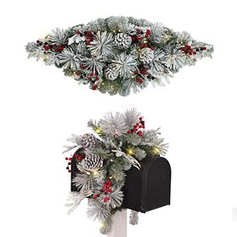 PULEO INTERNATIONAL 36 in Pre-Lit Flocked Artificial Pine Mailbox Cover