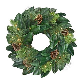 PULEO INTERNATIONAL 24 in Pre-Lit Artificial Magnolia Wreath