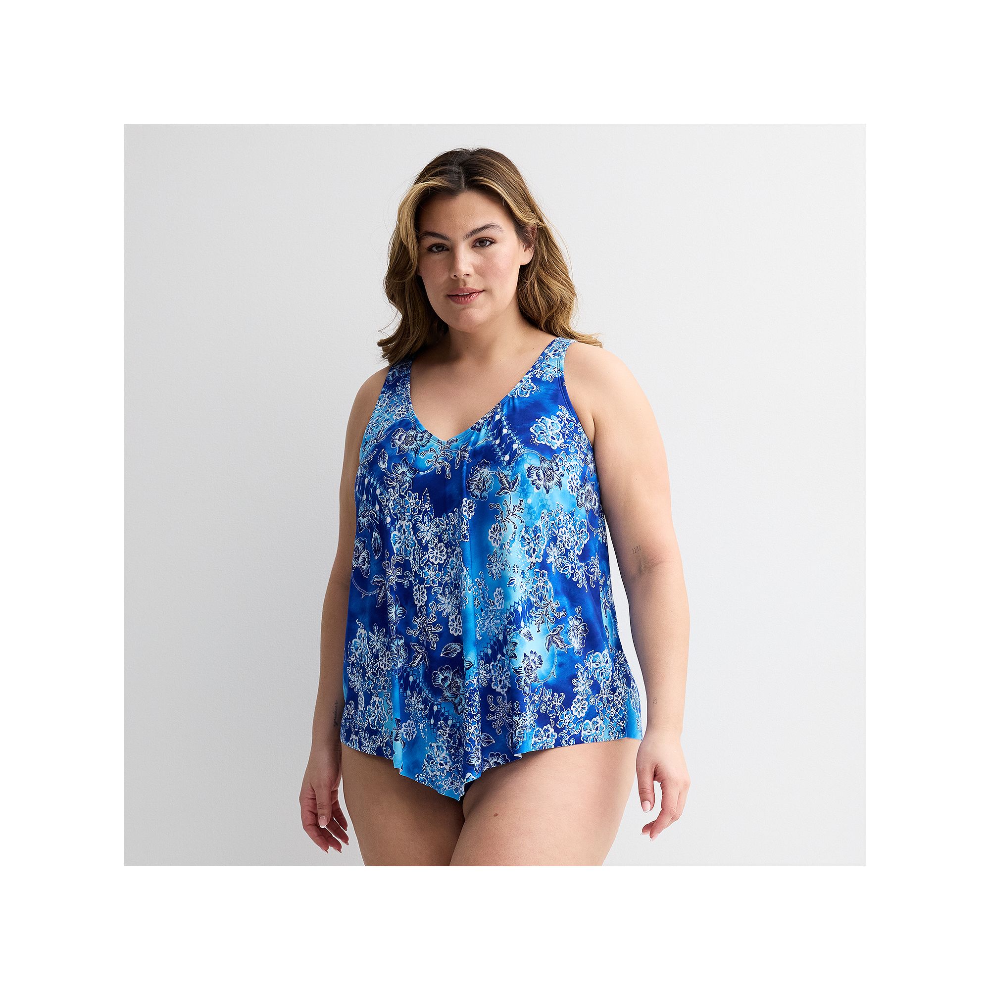 Plus Size Bal Harbour V-Neck Hanky Fauxkini, Womens, Size: 16 W, Batik Blo
