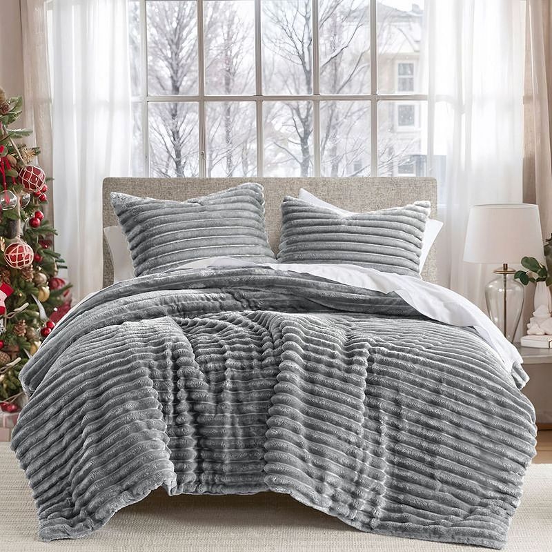510 Design Avril Fluffy Ribbed Plush Comforter Set, Gray