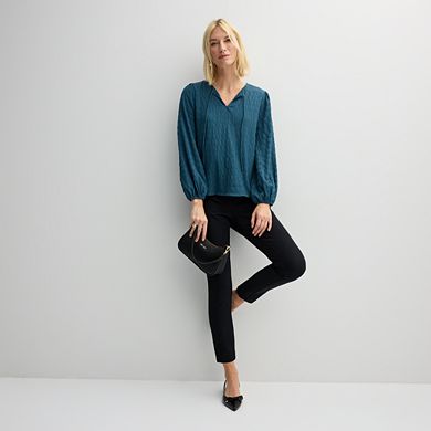 Petite Nine West Long Sleeve Textured Keyhole Top