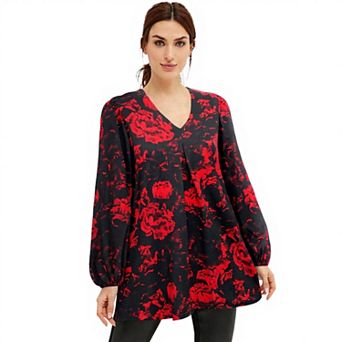 ellos Plus Size Inverted Pleat Textured Knit Tunic With Blouson Sleeves