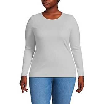 Plus Size Lands' End Long Sleeve Micro Rib Crewneck Top