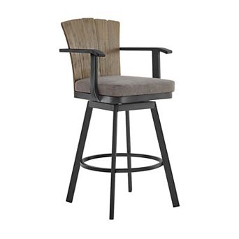 Luna 26 Inch Outdoor Swivel Counter Stool Chair, Rustic Teak Wood, Black