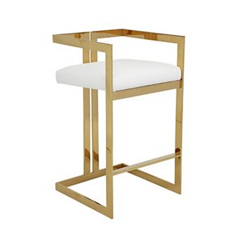 Suki 30 Inch Barstool Chair, White Faux Leather Seat, Gold Cantilever Base