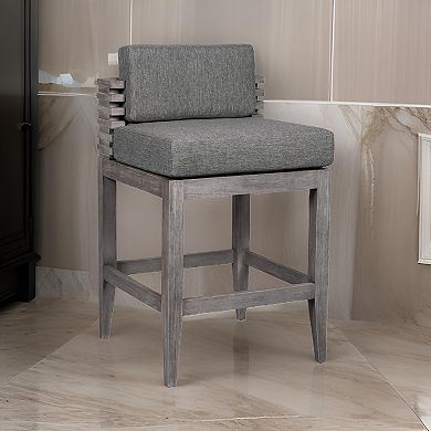 Hida 30 Inch Outdoor Patio Barstool Chair, Gray, Olefin Cushions, Wood