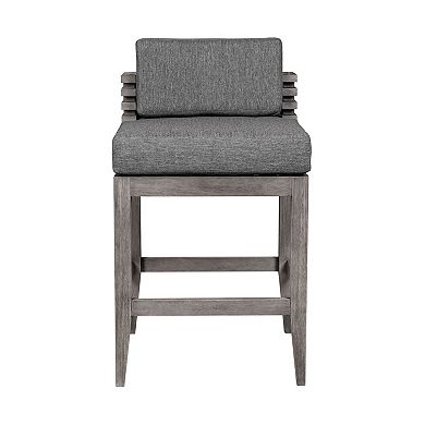 Hida 30 Inch Outdoor Patio Barstool Chair, Gray, Olefin Cushions, Wood