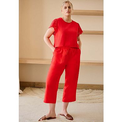 ellos Plus Size Linen-Blend Drawstring Elastic Waist Relaxed Fit Capris