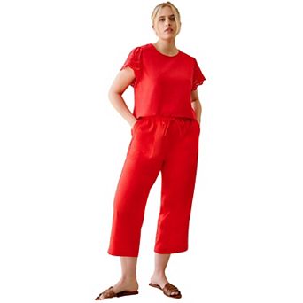 ellos Plus Size Linen-Blend Drawstring Elastic Waist Relaxed Fit Capris