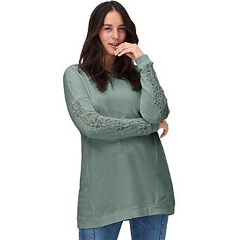 ellos Plus Size French Terry Lace Trim Sweatshirt Tunic