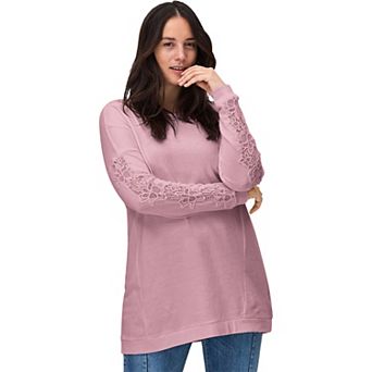 ellos Plus Size French Terry Lace Trim Sweatshirt Tunic