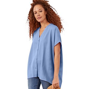 Ellos Plus Size Linen-Blend V-Neck Button-Front Dolman Sleeve Oversized Tunic