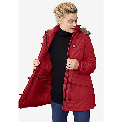 Ellos Plus Size Faux Fur Trim Two-Way Zip-Front Mid-Length Parka
