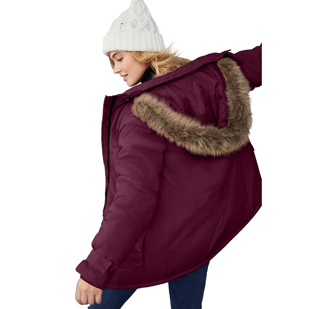 Ellos Plus Size Faux Fur Trim Two-Way Zip-Front Mid-Length Parka