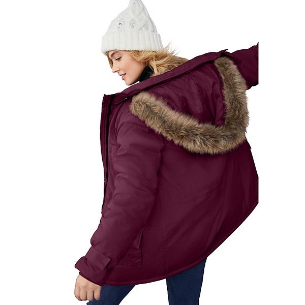 Ellos Plus Size Faux Fur Trim Two-Way Zip-Front Mid-Length Parka