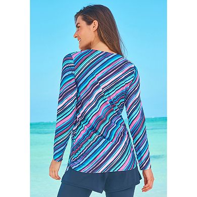 Swim 365 Women's Plus Size Split-neck Long Sleeve Swim Tee With Built-in Bra