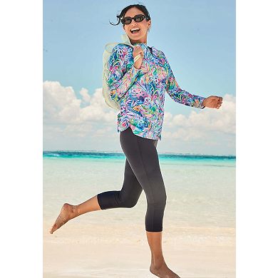 Swim 365 Women's Plus Size Split-Neck Long Sleeve Swim Tee With Built-In Bra