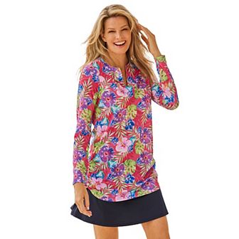 Swim 365 Women's Plus Size Split-Neck Long Sleeve Swim Tee With Built-In Bra