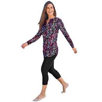 Swim 365 Women's Plus Size Split-neck Long Sleeve Swim Tee With Built-in Bra