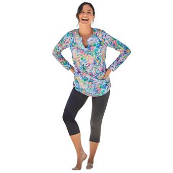 Swim 365 Women's Plus Size Split-Neck Long Sleeve Swim Tee With Built-In Bra