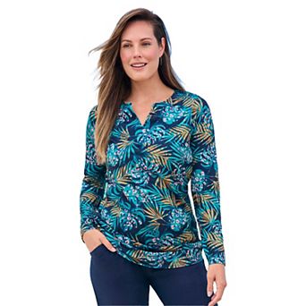 Swim 365 Women's Plus Size Split-neck Long Sleeve Swim Tee With Built-in Bra