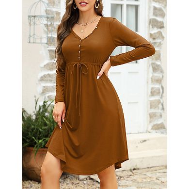 Women’s Long Sleeve Casual Dress V Neck Drawstring Irregular Hem Tunic Shift Midi Dress