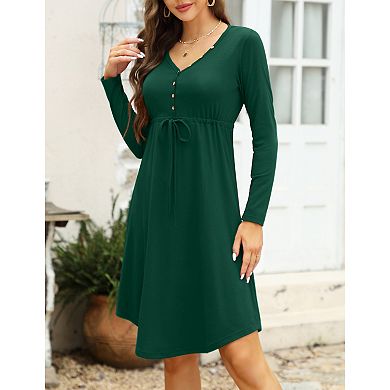 Women’s Long Sleeve Casual Dress V Neck Drawstring Irregular Hem Tunic Shift Midi Dress