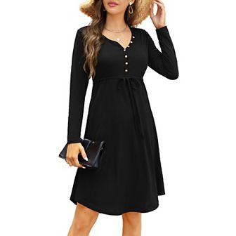 Women’s Long Sleeve Casual Dress V Neck Drawstring Irregular Hem Tunic Shift Midi Dress