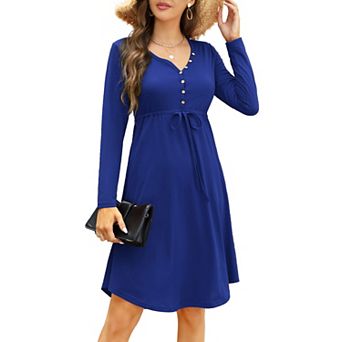 Women’s Long Sleeve Casual Dress V Neck Drawstring Irregular Hem Tunic Shift Midi Dress