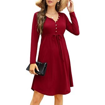 Women’s Long Sleeve Casual Dress V Neck Drawstring Irregular Hem Tunic Shift Midi Dress