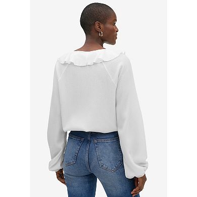 ellos Plus Size Knit Top With Ruffled V-Neck