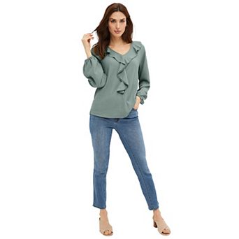ellos Plus Size Knit Top With Ruffled V-Neck