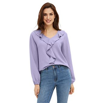 ellos Plus Size Knit Top With Ruffled V-Neck