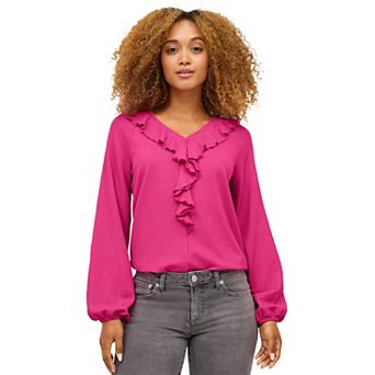 ellos Plus Size Knit Top With Ruffled V-Neck