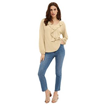 ellos Plus Size Knit Top With Ruffled V-Neck