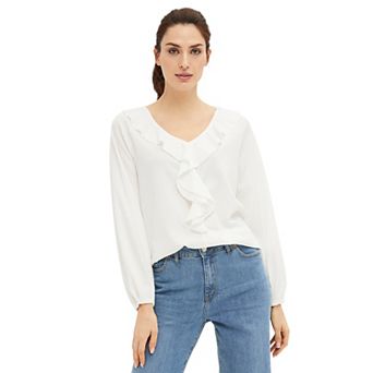 ellos Plus Size Knit Top With Ruffled V-Neck
