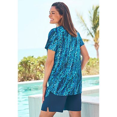 Swim 365 Women's Plus Size Split-neck Short Sleeve Swim Tee With Built-in Bra