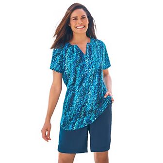 Swim 365 Women's Plus Size Split-neck Short Sleeve Swim Tee With Built-in Bra