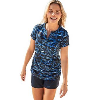Swim 365 Women's Plus Size Split-Neck Short-Sleeve Swim Tee With Built-In Bra