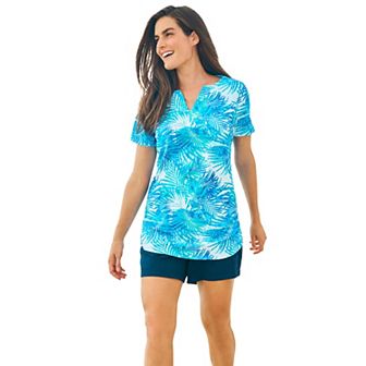 Swim 365 Women's Plus Size Split-neck Short Sleeve Swim Tee With Built-in Bra