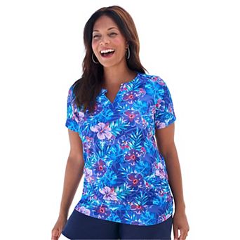 Swim 365 Women's Plus Size Split-neck Short Sleeve Swim Tee With Built-in Bra